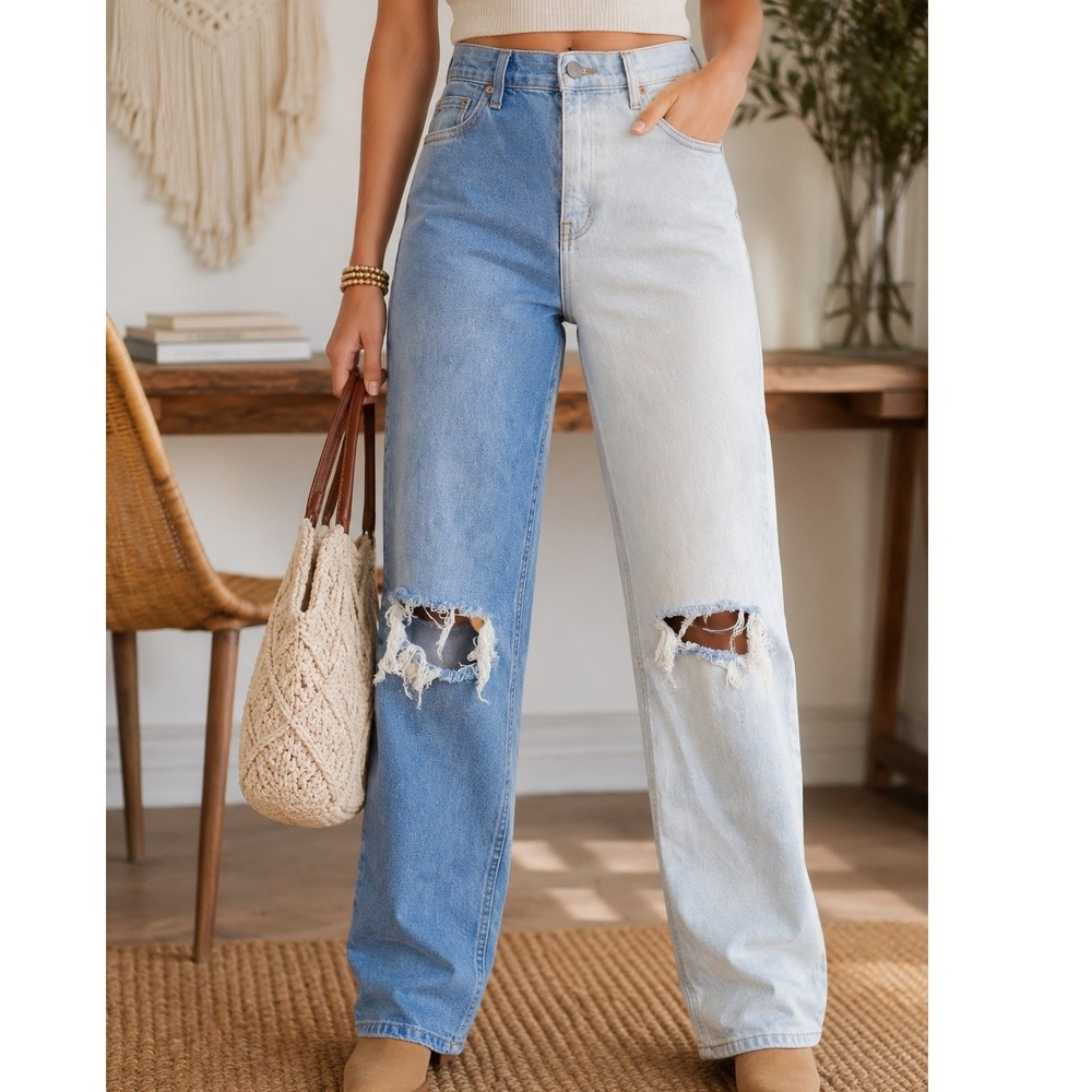 Fashion Nova Two Tone Split Leg Distressed Jeans Blue High rise  Womens 9
